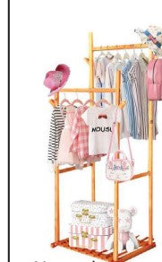 Natural Wood Clothing Rack with Shelves and Hooks.