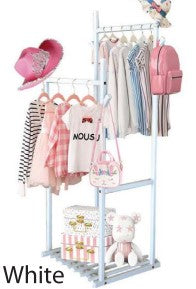 Natural Wood Clothing Rack with Shelves and Hooks.