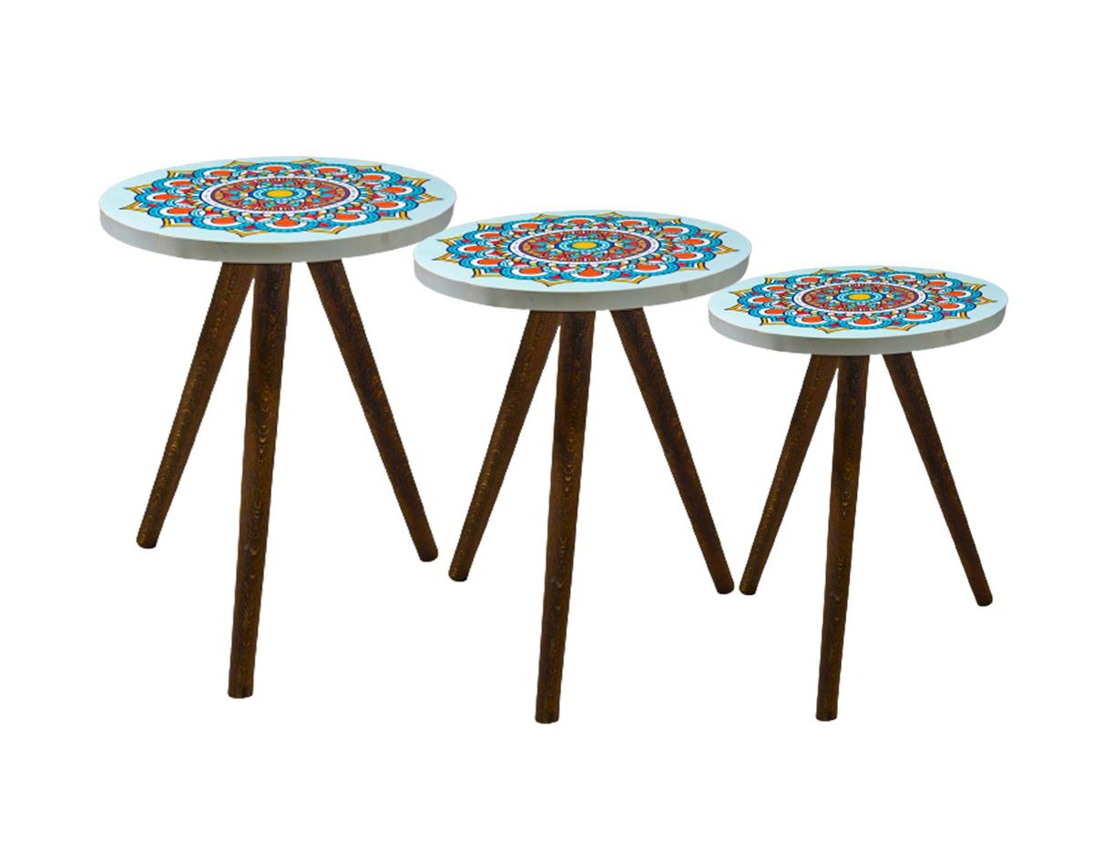 Mandala Design 3 Piece Round Nesting Side/End Table Set with Wooden Legs