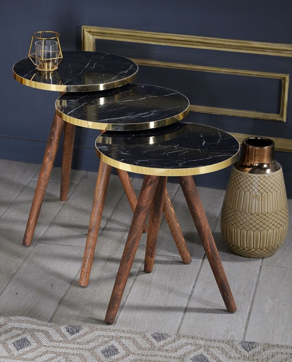 Modern 3 Piece Round Nesting Side/End Table Set with Wooden Legs
