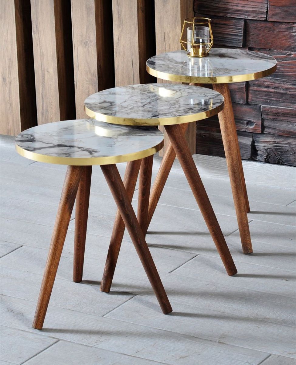 Modern 3 Piece Round Nesting Side/End Table Set with Wooden Legs
