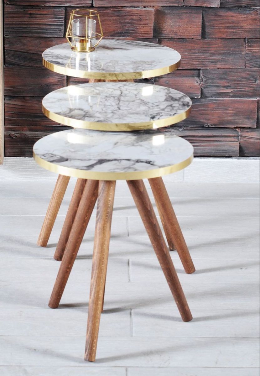 Modern 3 Piece Round Nesting Side/End Table Set with Wooden Legs
