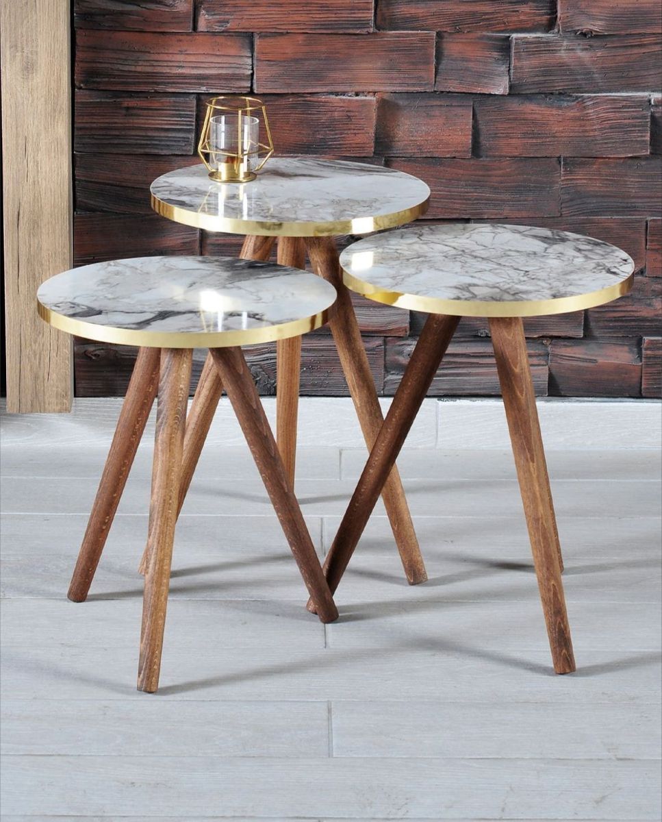 Modern 3 Piece Round Nesting Side/End Table Set with Wooden Legs
