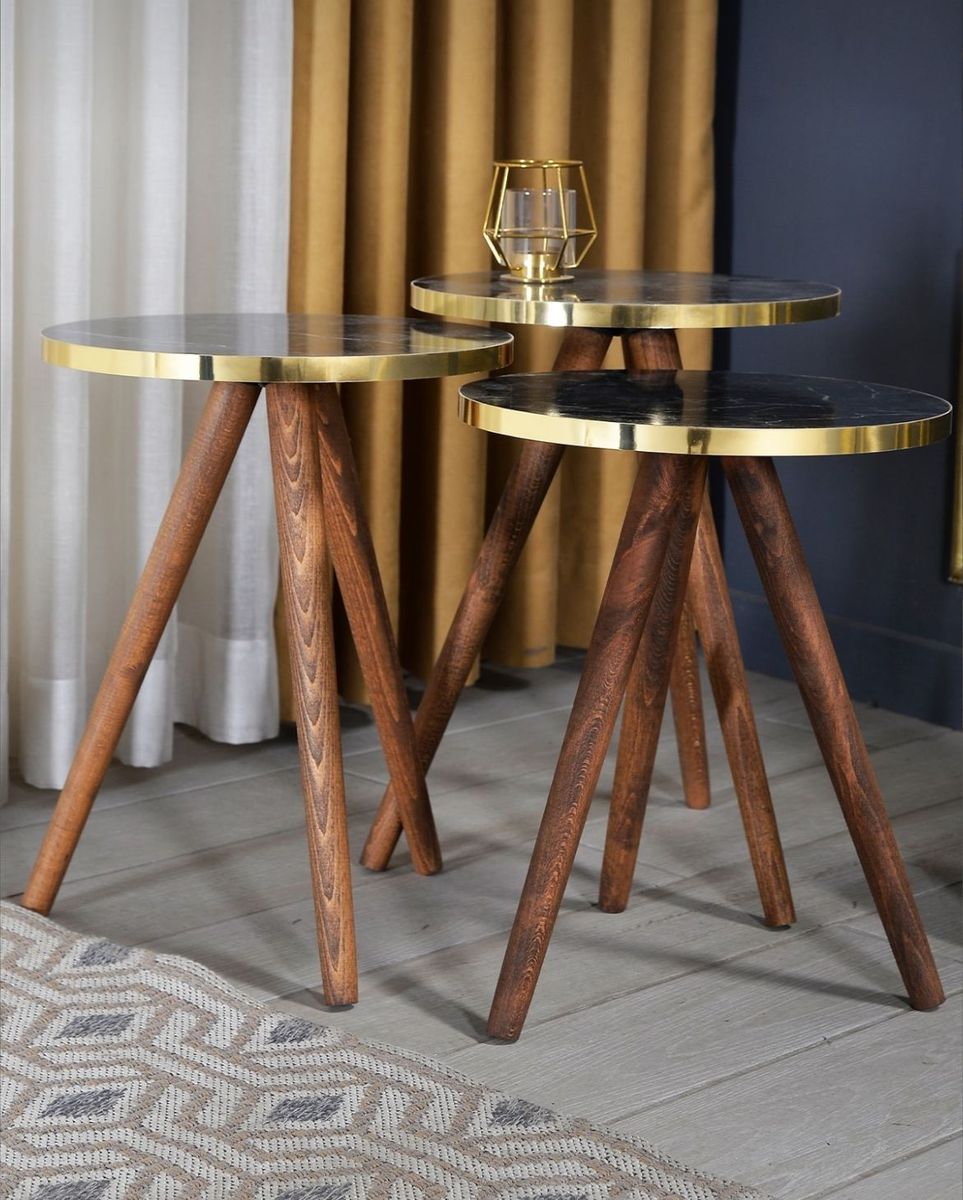 Modern 3 Piece Round Nesting Side/End Table Set with Wooden Legs