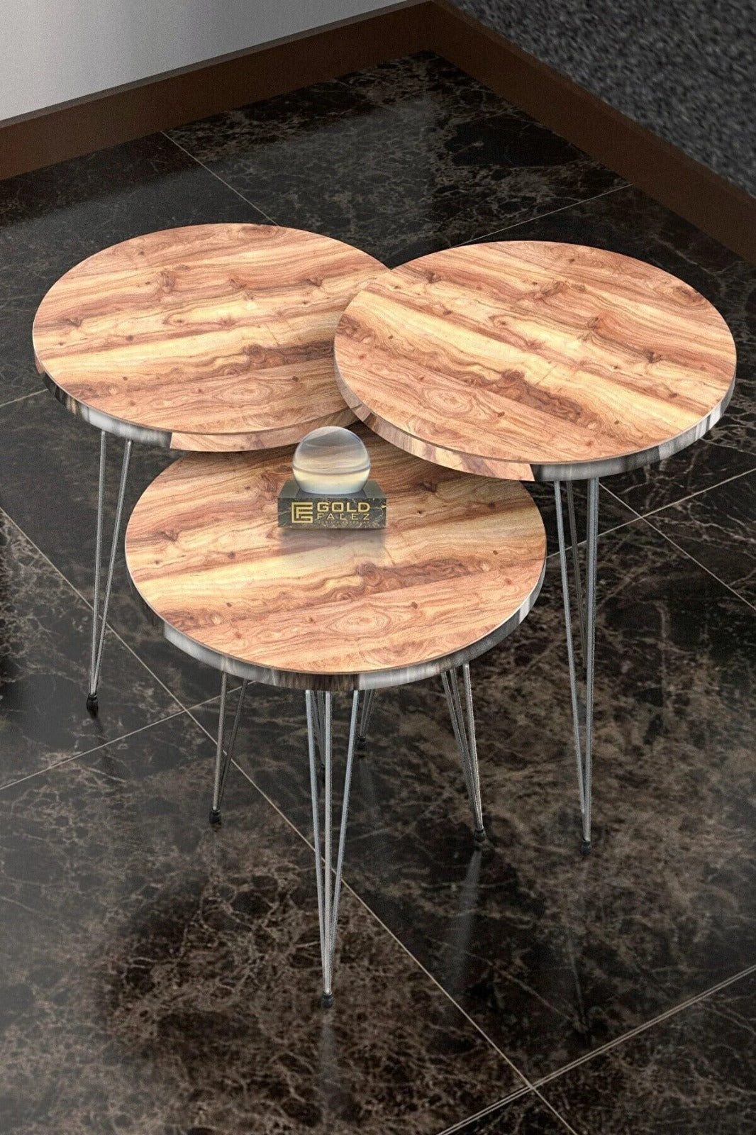 Luxurious Modern 3 Piece Round Nesting Side/End Table Set with Metal Legs