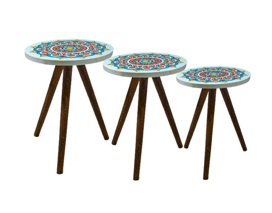 Mandala Design 3 Piece Round Nesting Side/End Table Set with Wooden Legs