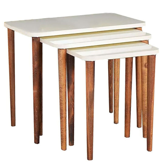 Luxurious Modern 3 Piece Square Nesting Side/End Table Set with Wooden Legs - Cream