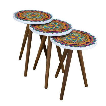 Mandala Design 3 Piece Round Nesting Side/End Table Set with Wooden Legs