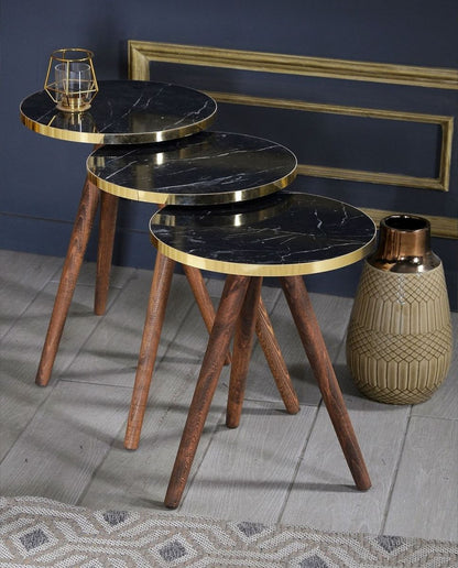 Modern 3 Piece Round Nesting Side/End Table Set with Wooden Legs